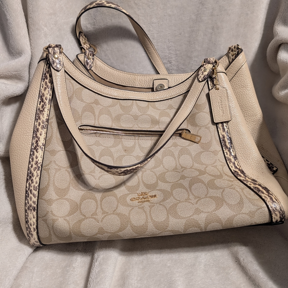 Coach Beige Signature Canvas Tote with Snake-Print Trim